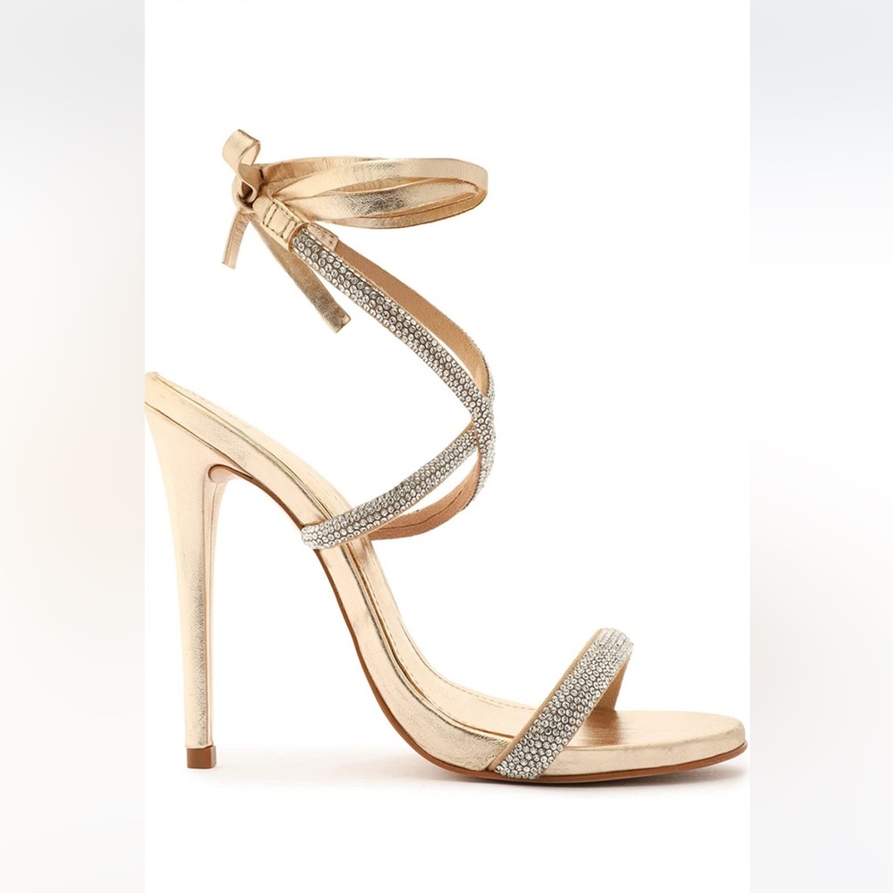 SCHUTZ Gold Metallic Crystal Wrap-Ankle Stiletto Sandals